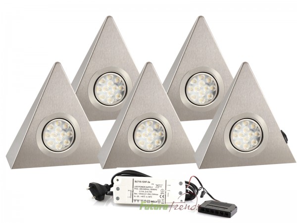 5er Set LED Dreieckleuchte Unterbauleuchte Küchenleuchte EDELSTAHL 3W Warmweiß mit Zentralschalter